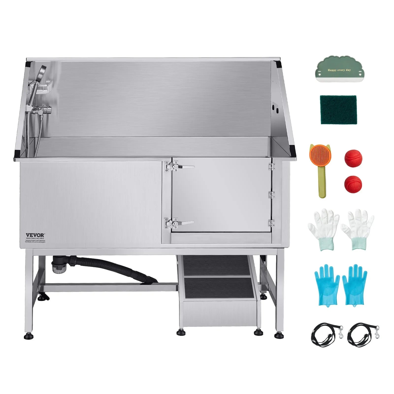 VEVOR 62 Inch Dog Grooming Bath Tub Stainless Steel w Ramp Water Filter