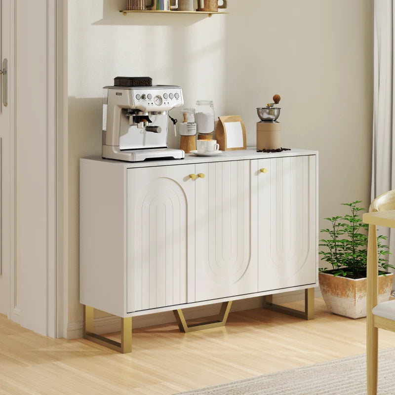 Sideboard Buffet Cabinet with 3 Doors, Modern Storage Cabinet with Adjustable Shelves & Center Leg, White