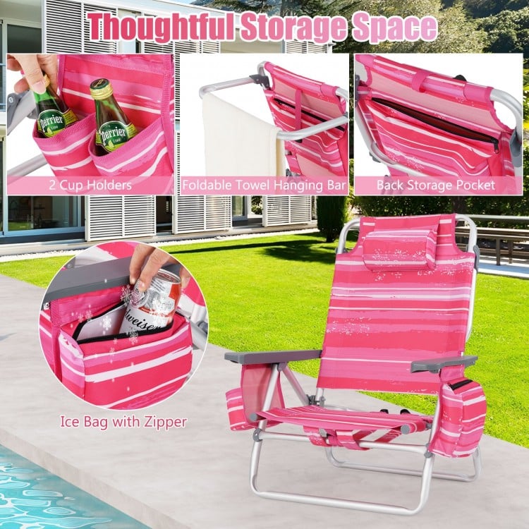 2 Pieces Folding Backpack Beach Chair with Pillow-Hot Pink