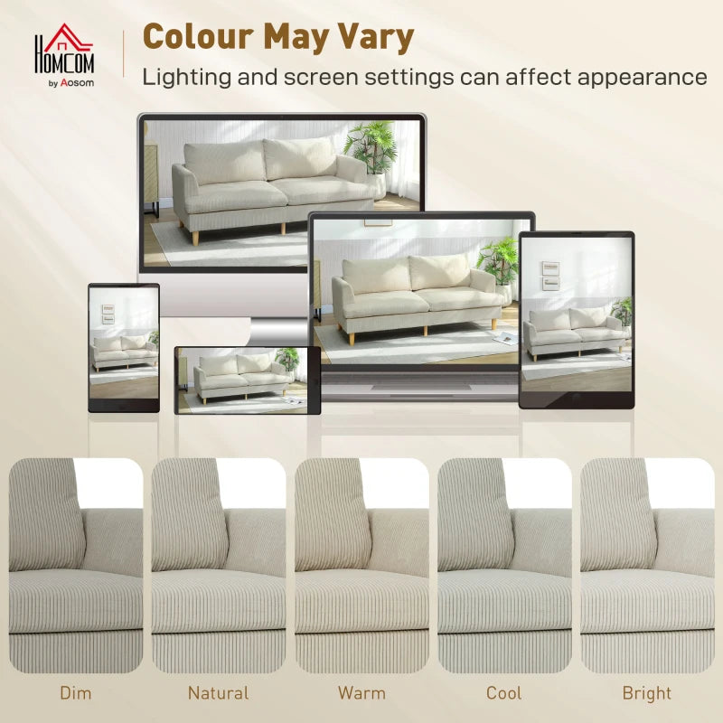 3 Seater Sofa, 74" Modern Corduroy Upholstered Couch with Thick Spring Cushions, Solid Wood Legs, Armrests, Beige