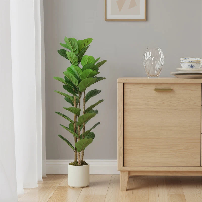 4FT Artificial Fiddle Leaf Fig Tree, Fake Potted Tree with Solid Wood Trunks and Lifelike Leaves for Indoor Decor, Green