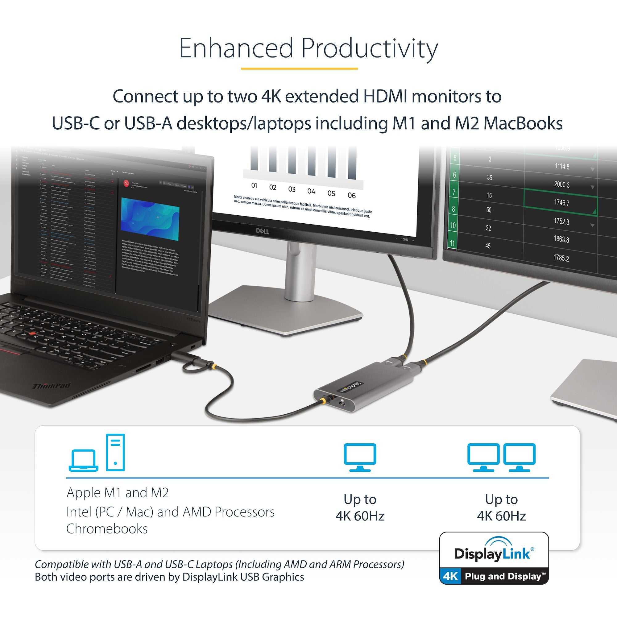 USB-C to Dual-HDMI Adapter - USB-C or A to 2x HDMI - 4K 60Hz - 100W Power Delivery Pass-Through - 1ft (30cm) Built-in Cable - USB to HDMI Multi-Monitor Converter for Laptop - TAA 