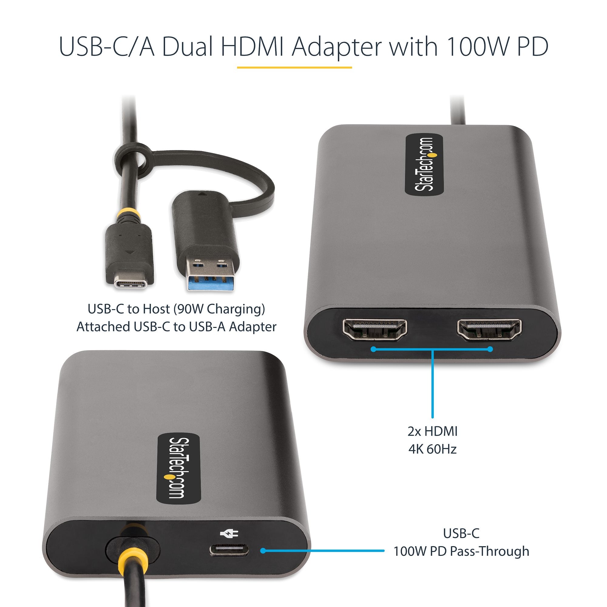 USB-C to Dual-HDMI Adapter - USB-C or A to 2x HDMI - 4K 60Hz - 100W Power Delivery Pass-Through - 1ft (30cm) Built-in Cable - USB to HDMI Multi-Monitor Converter for Laptop - TAA 