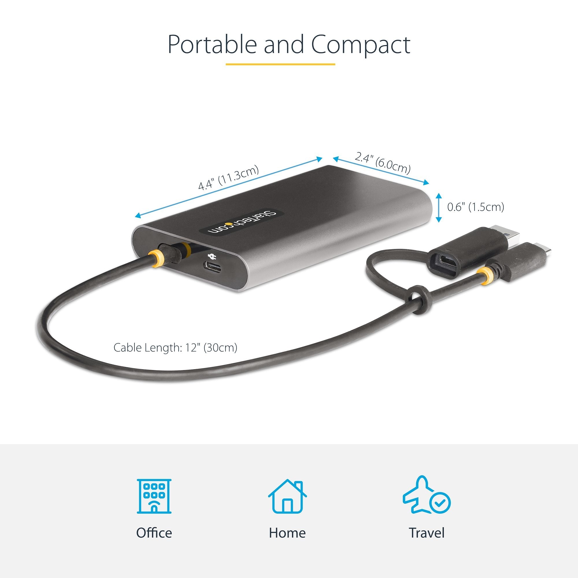 USB-C to Dual-HDMI Adapter - USB-C or A to 2x HDMI - 4K 60Hz - 100W Power Delivery Pass-Through - 1ft (30cm) Built-in Cable - USB to HDMI Multi-Monitor Converter for Laptop - TAA 