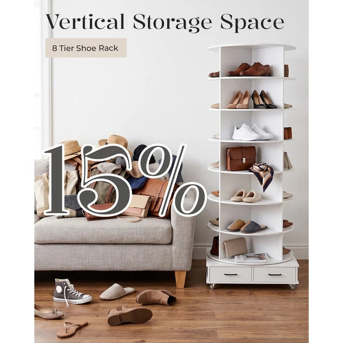 AECOJOY 8-Tier Rotating Shoe Rack with 2 Drawers & 4 Lockable Casters