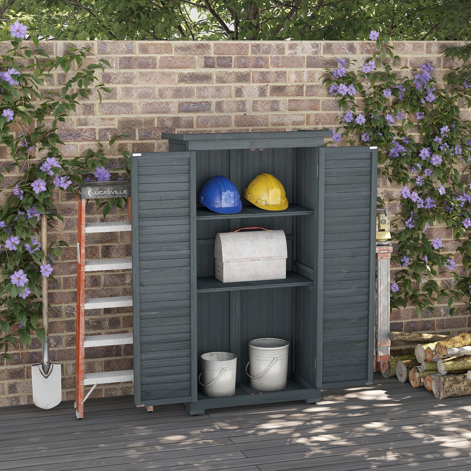 Outsunny Outdoor Garden Shed with 3-Tier Shelves & Asphalt Roof - Wooden Tool Storage Solution, Shutter Doors, 34.3"x18.3"x63", Grey 