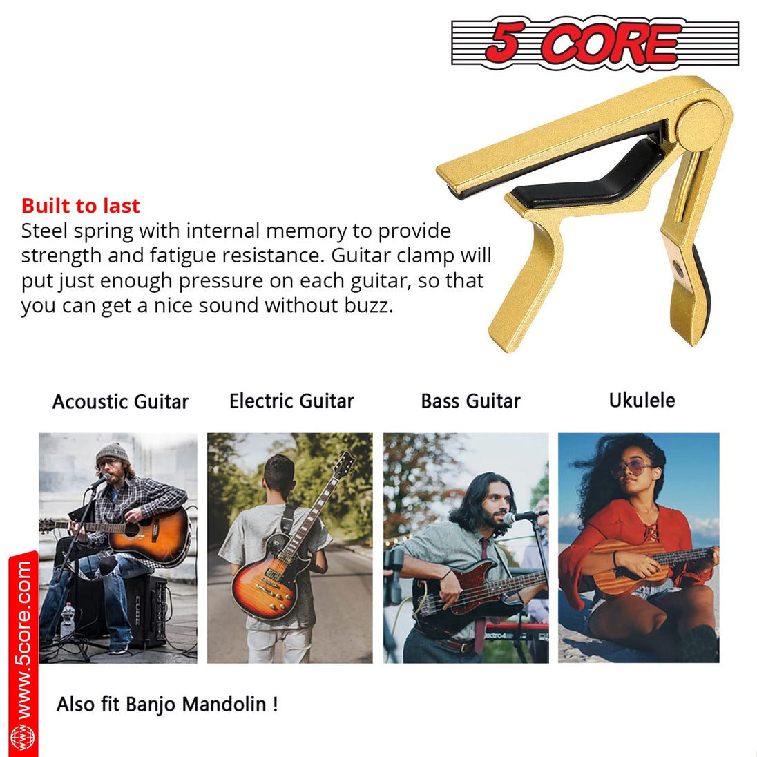 5Core Capo Acoustic Electric Guitar 6 String Kapo Clip For Banjo Mandolin Ukulele GOLD