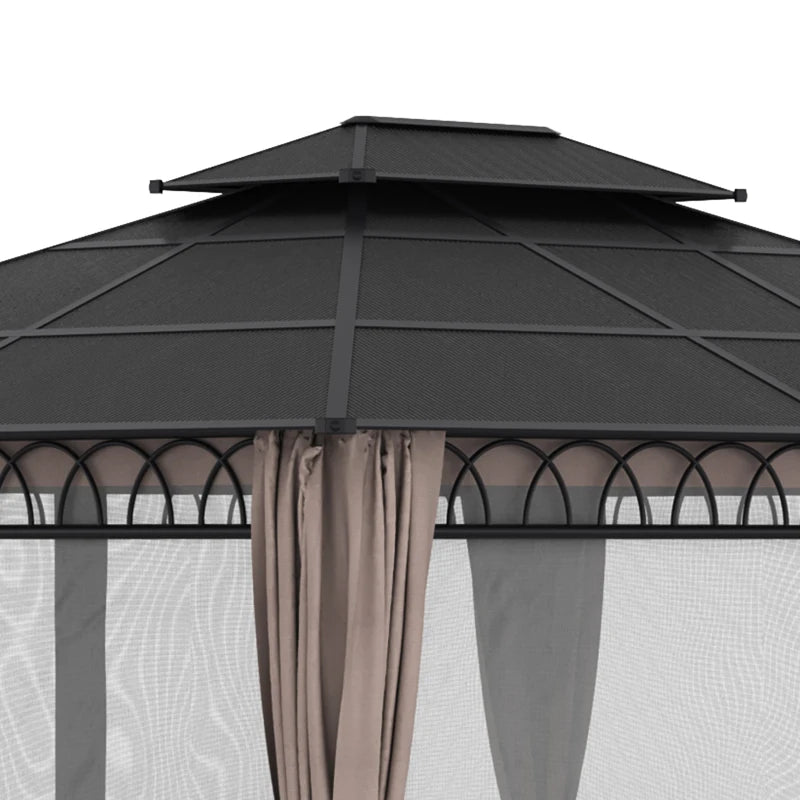 Outsunny 10' x 12' Outdoor Gazebo Canopy, Double Roof Hardtop Gazebo with Polycarbonate Roof, Steel Frame, Nettings and Curtains, for Garden, Lawn, Backyard and Deck, Khaki 