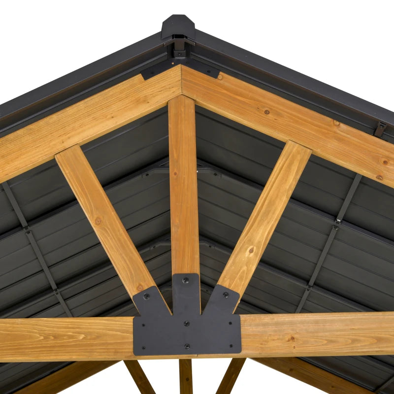 Outsunny 11' x 13' Wooden Gazebo Canopy Outdoor Sun Shade Shelter w/ Steel Roof, Solid Wood, Black & Natural