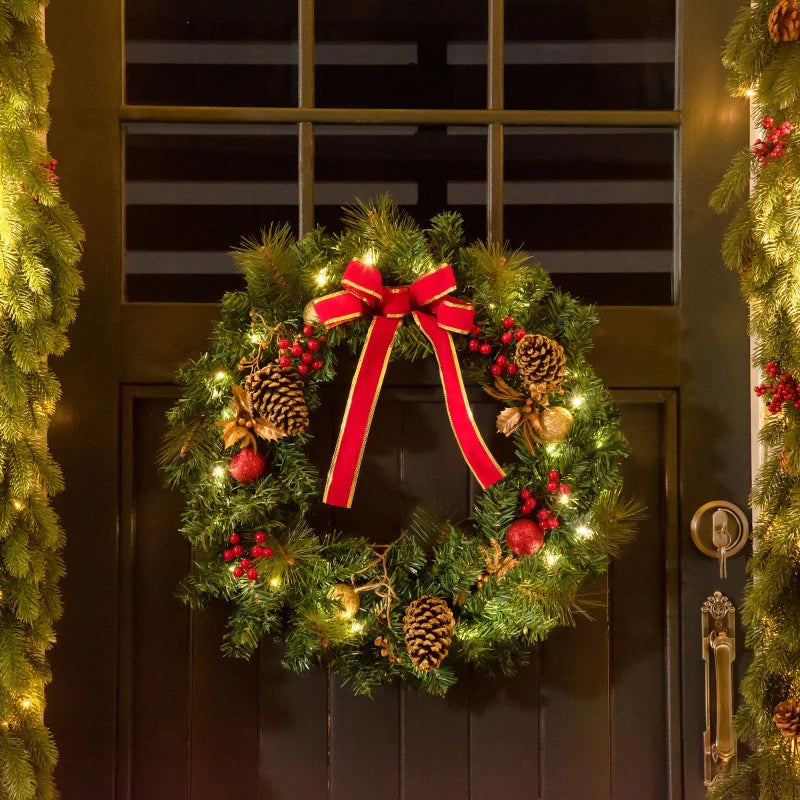 HOMCOM 24" Pre-Lit Artificial Christmas Wreath – Green Spruce with Cones, Red Berries & 20 LED Lights, Battery Operated 