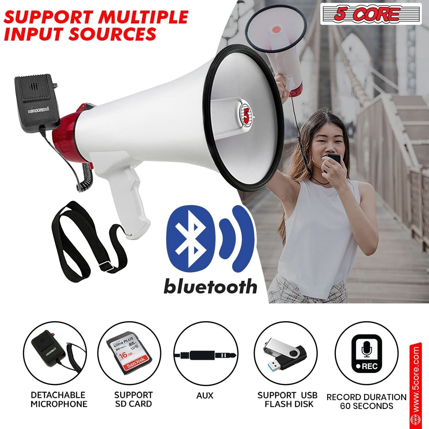 5Core Megaphone Bullhorn Speaker 50W Bull Horn Rechargeable Cheer Megafono 1000 Yards BLUETOOTH