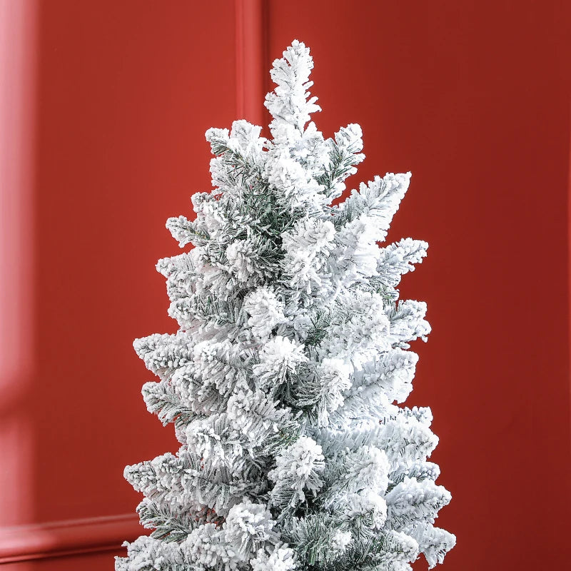 HOMCOM 5FT Prelit Pencil Christmas Tree with Warm White LED Lights, Slim Artificial Snow Flocked Xmas Tree with Metal Base 