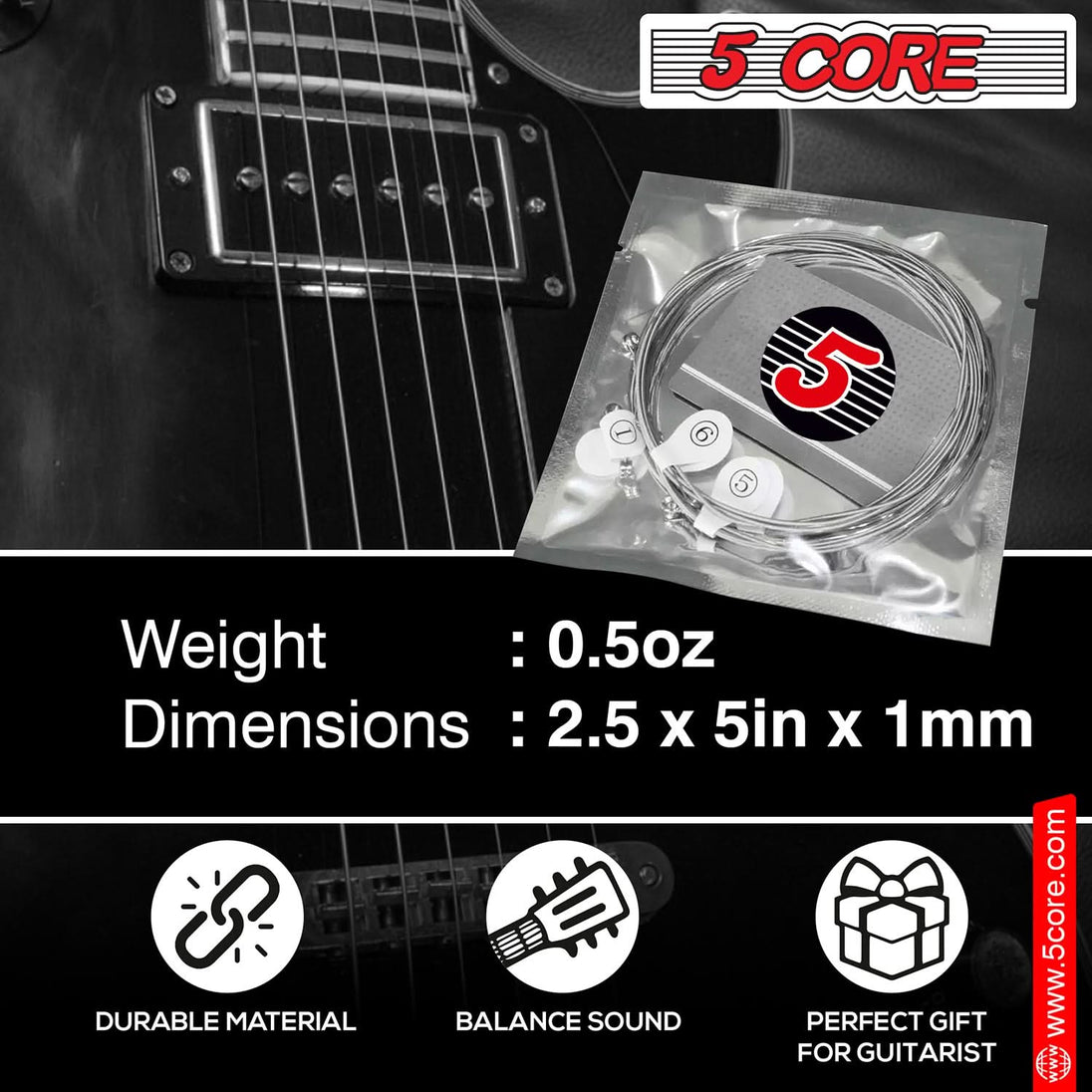 5Core Bass Electric Guitar Strings 0.045-.100 Gauge w Bright Tone for 6 String Guitars