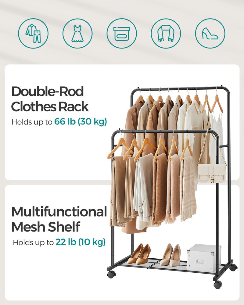 SONGMICS Clothes Rack with Wheels and Dense Mesh Storage Shelf 