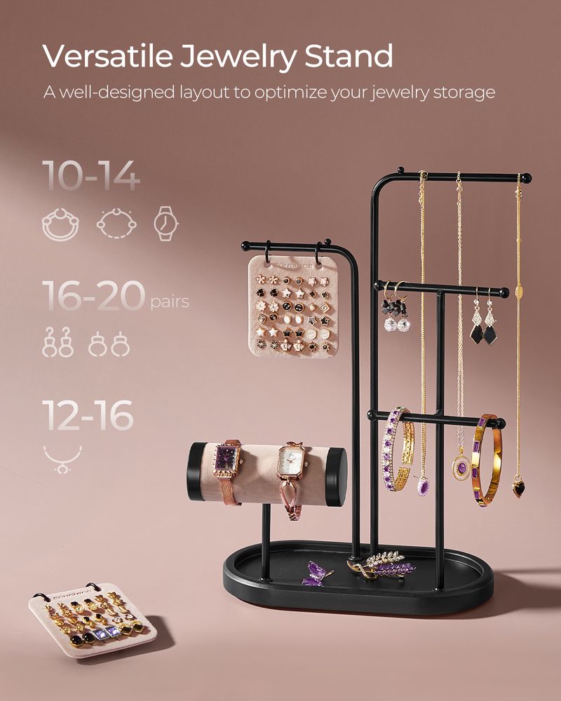 SONGMICS Jewelry Stand with Metal Frame, 2 Earring Boards, 4 Hanging Rods 