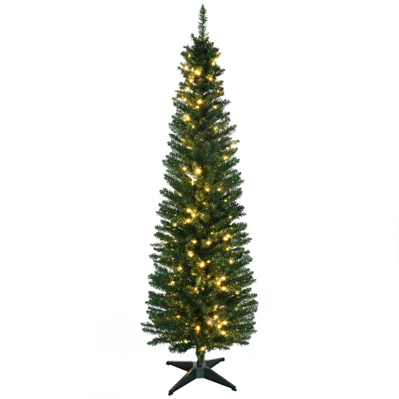 HOMCOM 6' Pre Lit Artificial Pencil Christmas Trees, Xmas Tree with Realistic Branches and Warm White LED Lights, Green 