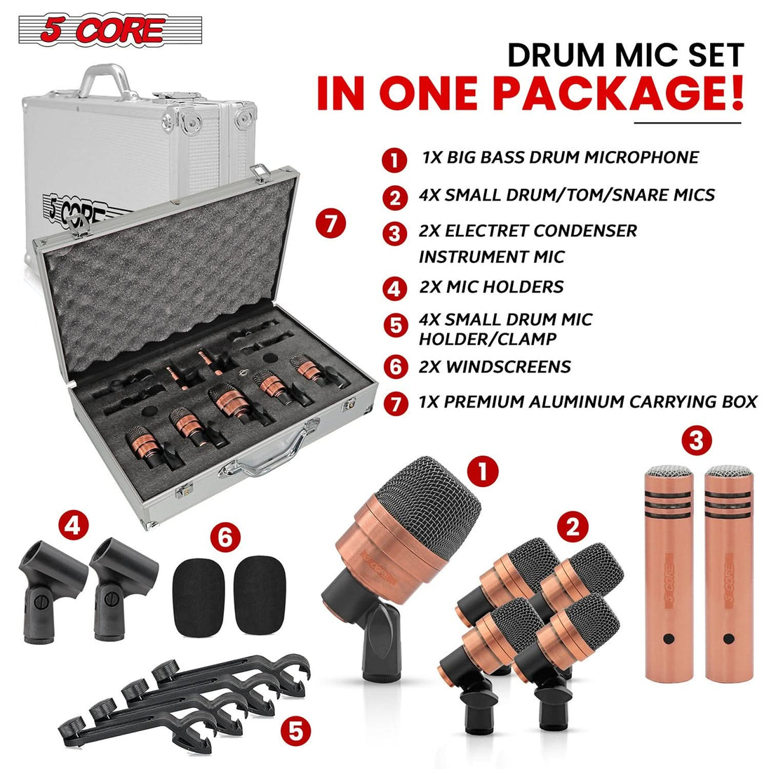 5Core Drum Mic Kit 7 Pcs Kick Bass Tom Snare Dynamic Microphone Instrument Mics Set COPPEREX