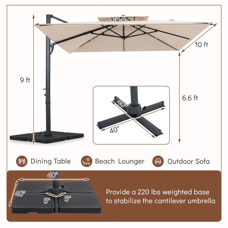 10 FT Aluminum Pole Patio Cantilever Umbrella with 220 LBS Base