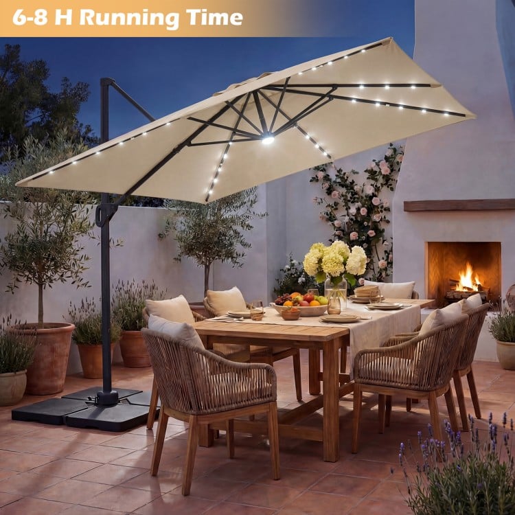 10 FT Cantilever Patio Umbrella with 32 Solar LED Lights and 220 LBS Base