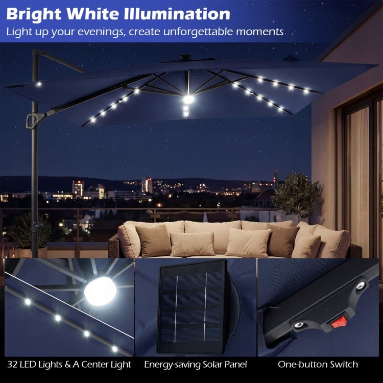 10 FT Cantilever Patio Umbrella with 32 Solar LED Lights and 220 LBS Base