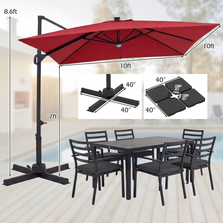 10 FT Cantilever Patio Umbrella with 32 Solar LED Lights and 220 LBS Base