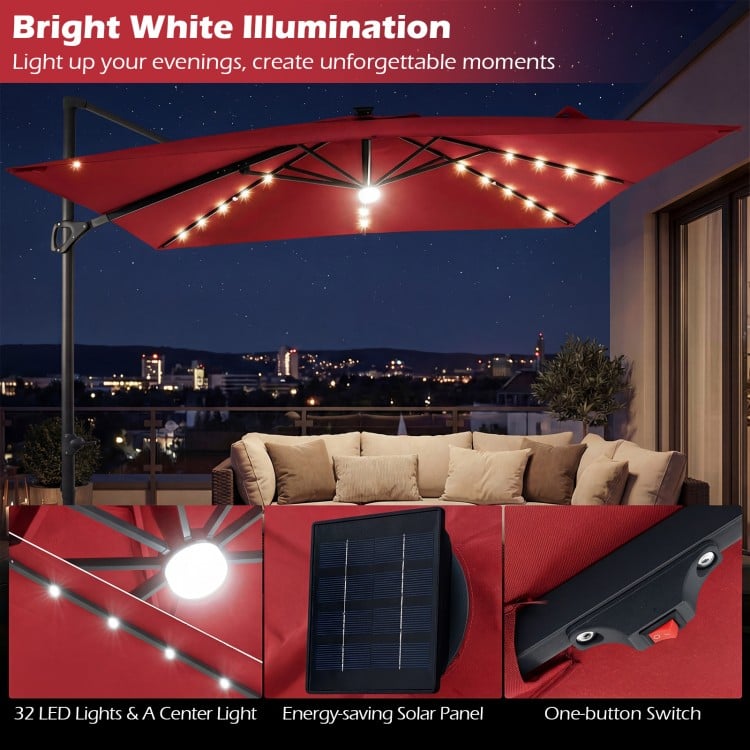10 FT Cantilever Patio Umbrella with 32 Solar LED Lights and 220 LBS Base