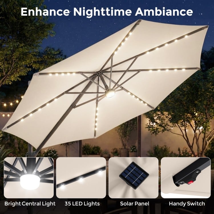 10 FT Cantilever Patio Umbrella with 35 Solar LED Lights and 220 LBS Base
