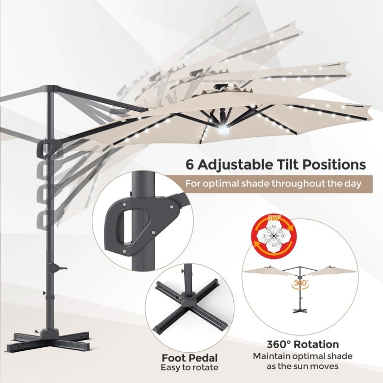 10 FT Cantilever Patio Umbrella with 35 Solar LED Lights and 220 LBS Base