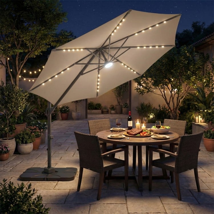 10 FT Cantilever Patio Umbrella with 35 Solar LED Lights and 220 LBS Base