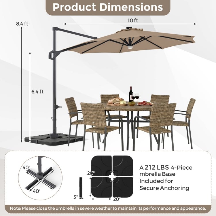 10 FT Cantilever Patio Umbrella with 35 Solar LED Lights and 220 LBS Base