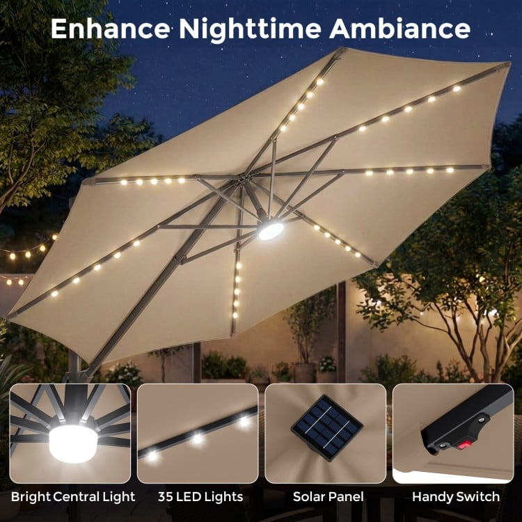 10 FT Cantilever Patio Umbrella with 35 Solar LED Lights and 220 LBS Base
