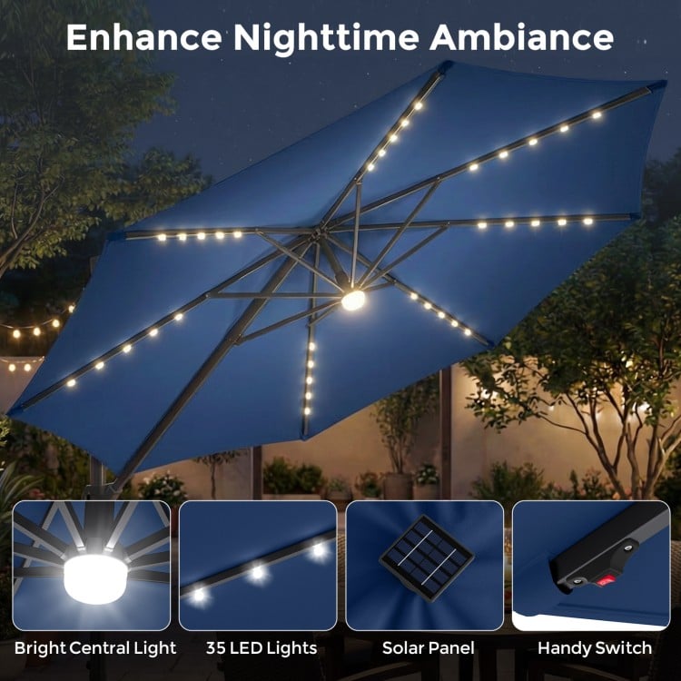 10 FT Cantilever Patio Umbrella with 35 Solar LED Lights and 220 LBS Base