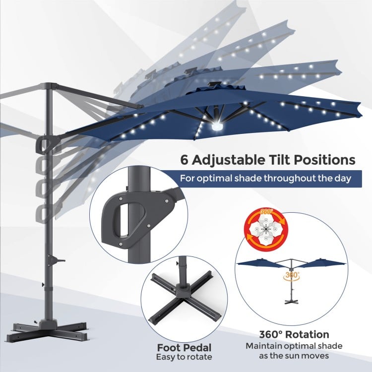 10 FT Cantilever Patio Umbrella with 35 Solar LED Lights and 220 LBS Base