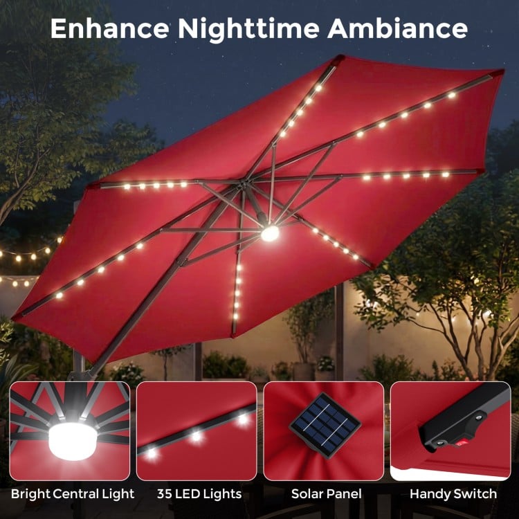10 FT Cantilever Patio Umbrella with 35 Solar LED Lights and 220 LBS Base