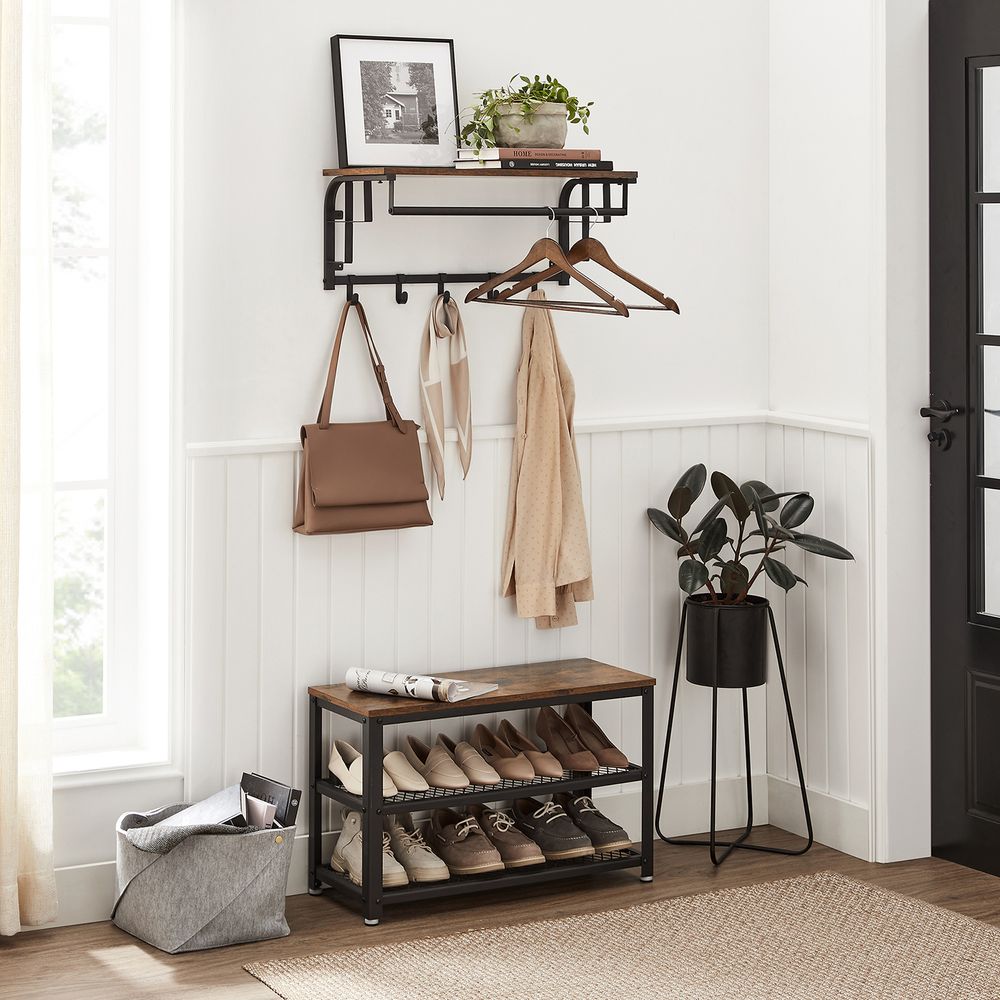 VASAGLE Wall-Mounted Coat Rack with Hanging Rod and Storage Shelf 