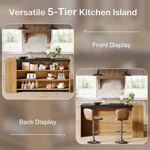 Kitchen Island 55" Farmhouse Coffee Bar Table with Storage 5 Shelves Vintage Brown