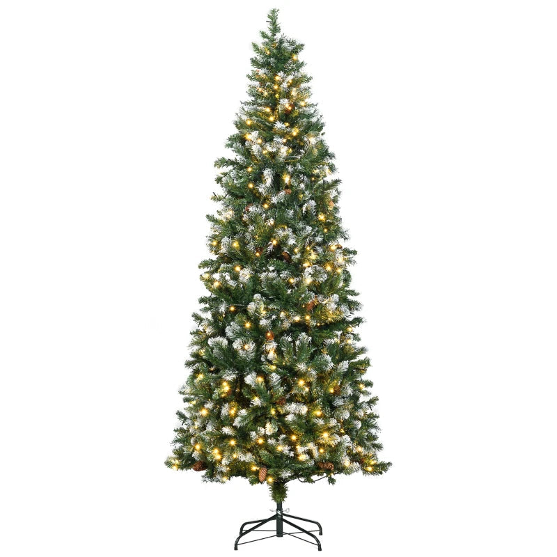 HOMCOM 7.5ft Decorated Skinny Pre-Lit Artificial Christmas Tree – Snow-Dipped Branches with Pinecones, Auto Open Design 