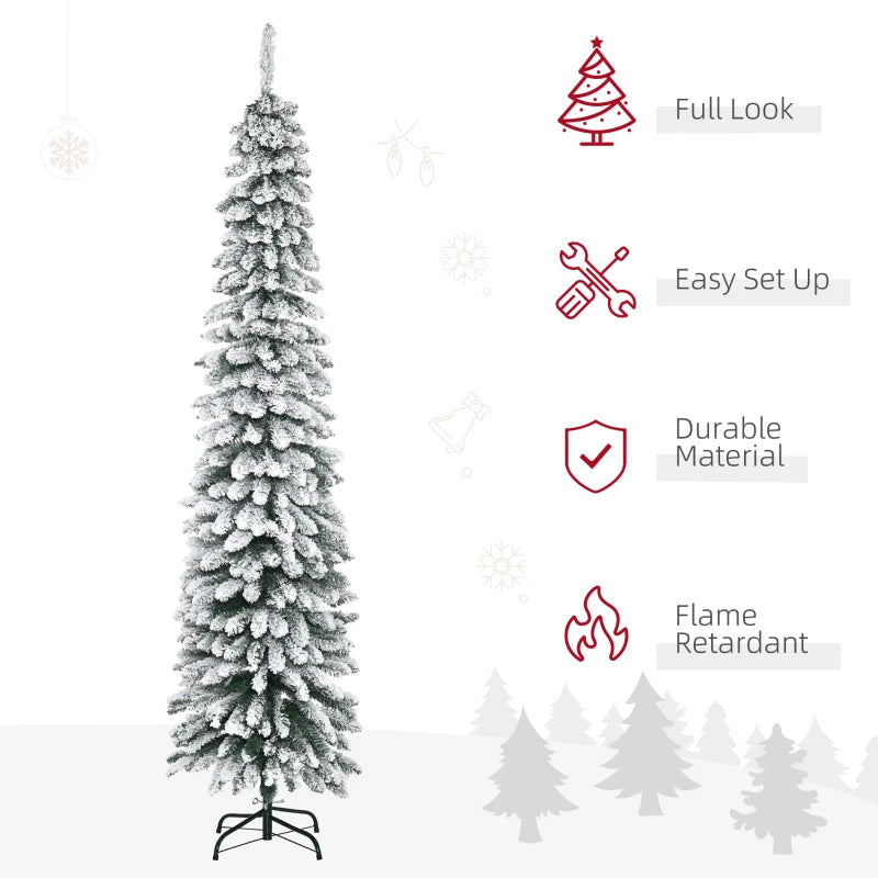 HOMCOM 7ft Snow-Flocked Artificial Christmas Tree – Slim Pencil Design, 490 Realistic Branches, Metal Base, Green 