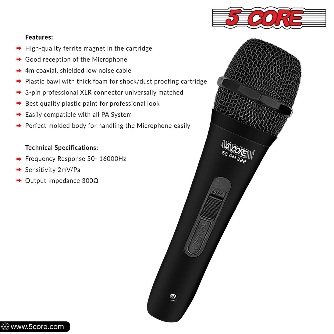 5Core Handheld XLR Dynamic Microphone – Professional Karaoke, Singing, and Studio Microphone (Microfono)