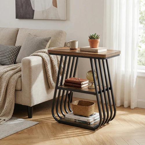 End Table 23.62" 3-Tier Narrow Side Table with Storage Shelves Industrial Metal Frame Oak Finish for Small Spaces Living Room Bedroom