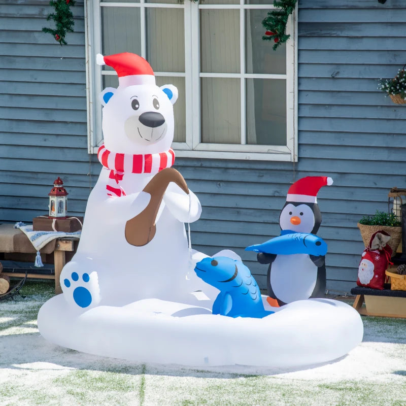 Outsunny 6ft Inflatable Christmas Polar Bear & Penguin with Santa Hat – Outdoor LED Yard Display, Blow-Up Holiday Decoration 