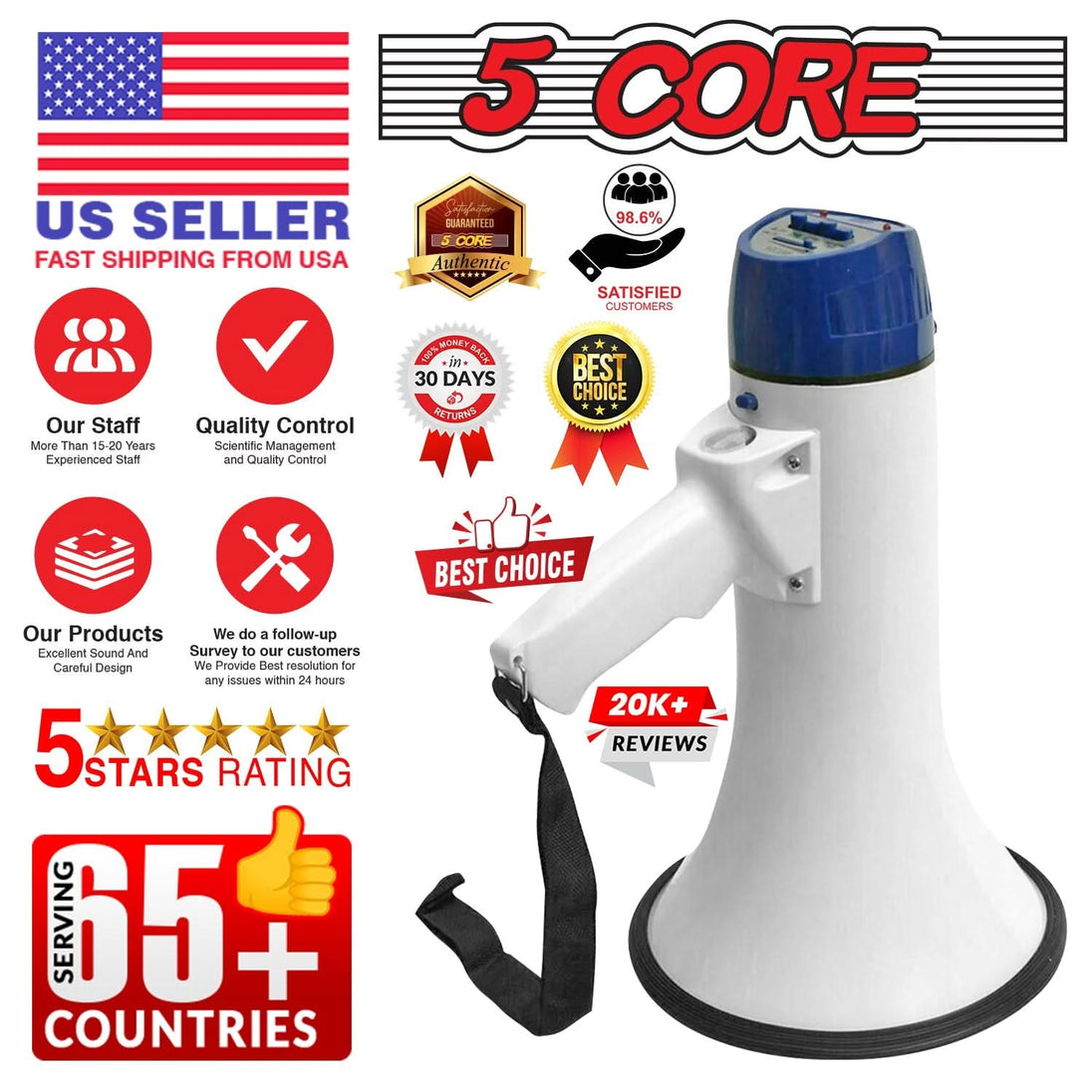 5Core Megaphone Bullhorn Speaker 20W Bull Horn Battery Power Cheer Megafono Loudspeaker