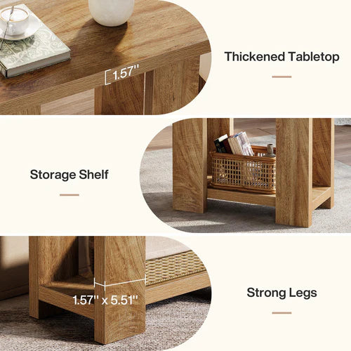 End Table 2-Tier Farmhouse Side Table with Storage Shelves 27.56" Wooden Nightstand for Small Spaces Living Room Bedroom Light Brown