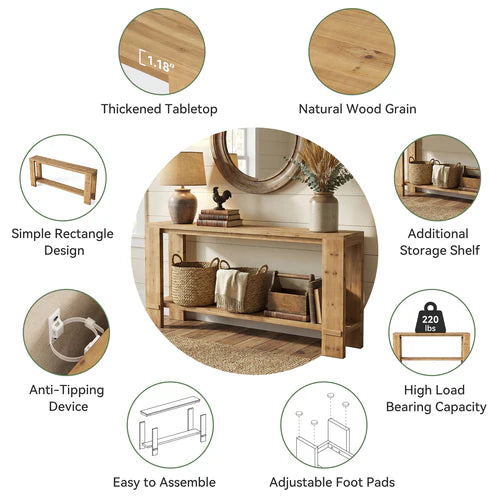 70.9" Solid Wood Console Table, 2-Tier Farmhouse Entryway Sofa Table for Hallway Natural Fir Wood