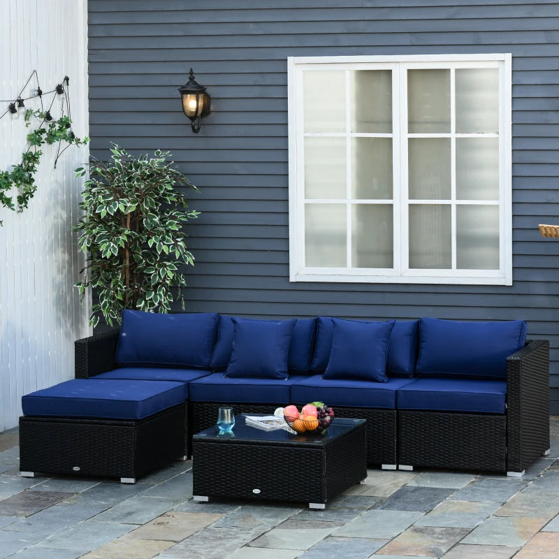 Outsunny 6 Pieces Outdoor PE Rattan Wicker Patio Furniture Sofa Set with Thick Cushions, Deluxe Garden Sectional Couch with Glass Top Table, Black and Dark Blue