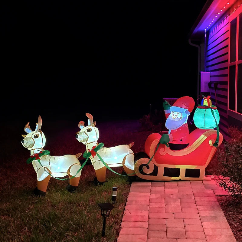 HOMCOM 4.5FT Inflatable Christmas Decoration with Santa Sleigh & 3 Reindeer, Outdoor Blow Up with LED Lights 