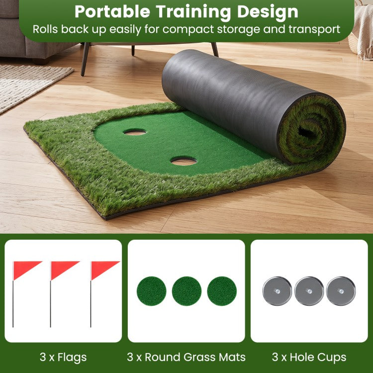 10 ft Golf Putting Green with 3 Holes & Flags – Indoor & Outdoor Practice Mat for Home, Office & Backyard