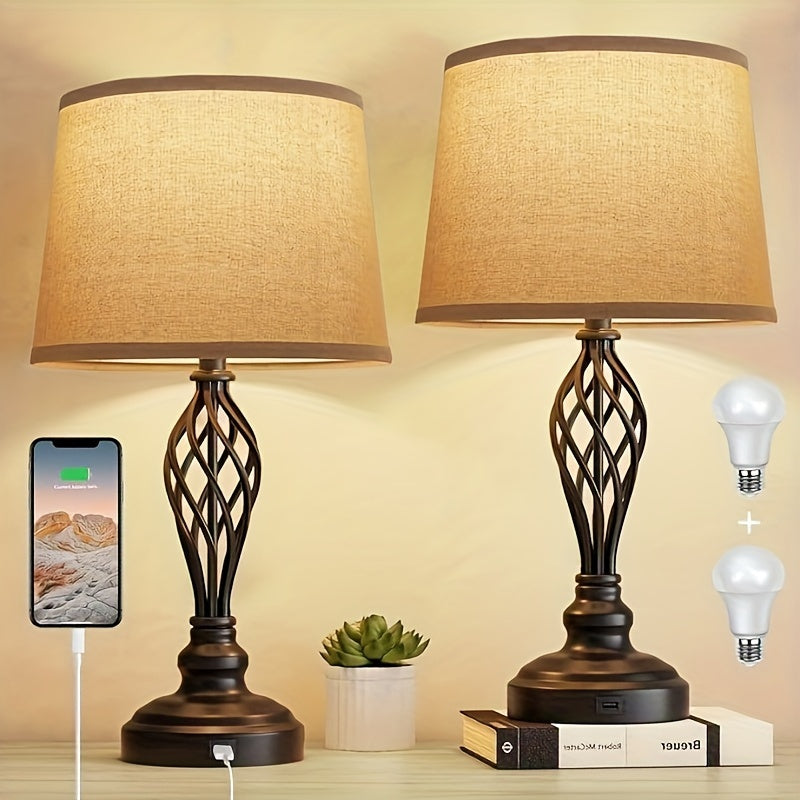 2-Piece Table Lamp Set with USB Port – Farmhouse Style Nightstand Lamps with 3-Color Temperature and Spiral Cage Base, Large Cream Drum Shade for Living Room or Bedroom 