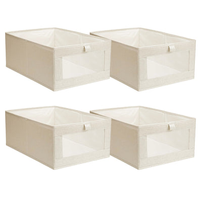 4Pcs Foldable Linen Clothing Storage Bin with Visible Clear Window Convenient Handle Multipurpose Collapsible Storage Basket Closet Fabric Container F 