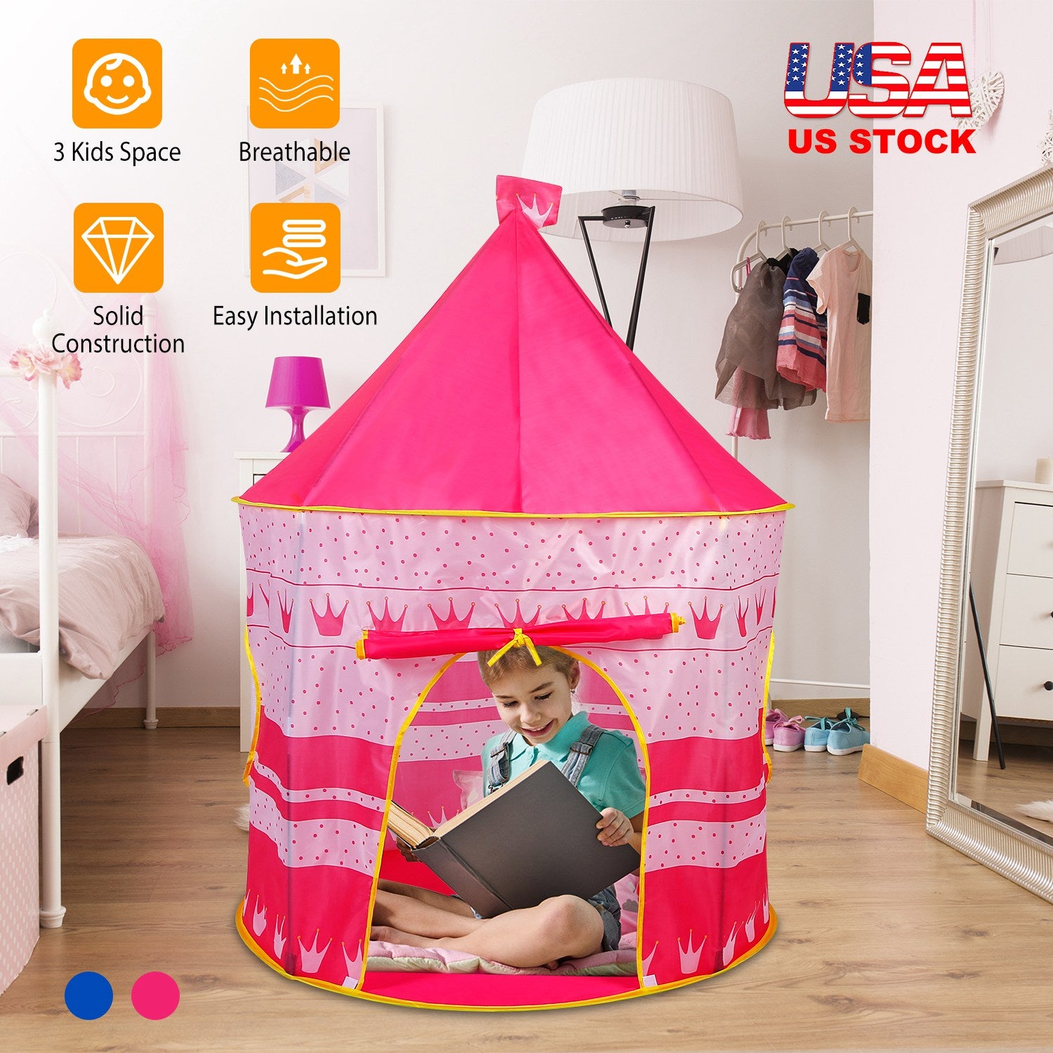 Kids Play Tent Foldable Pop Up Children Play Tent Portable Baby Play House Castle W/ Carry Bag Indoor Outdoor Use